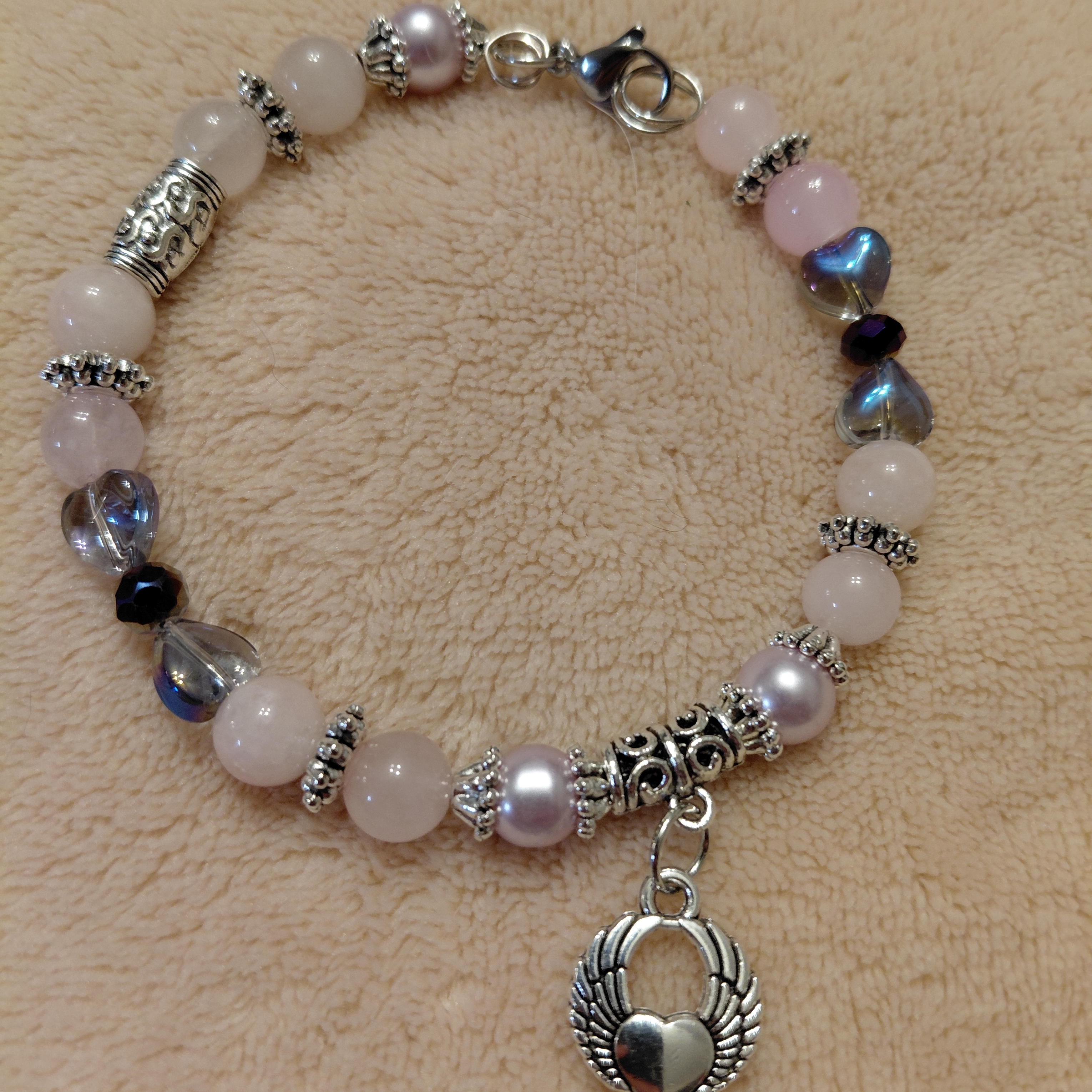 Chic Pink And Silver Beaded Bracelet With Heart Charm